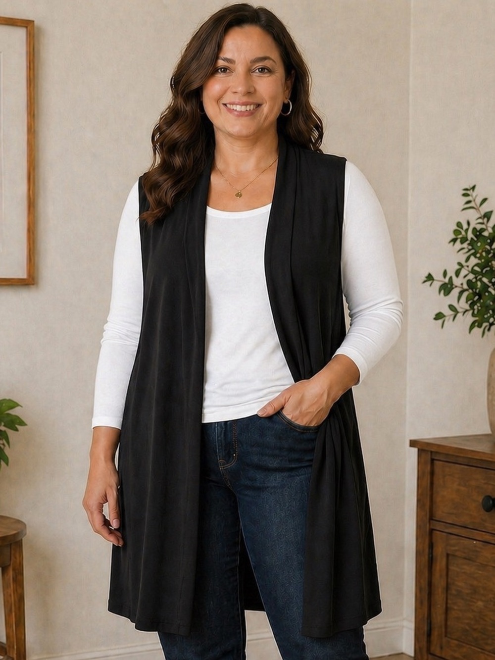 LIKE NEW Susan Graver Liquid Knit BlackVEST topper M